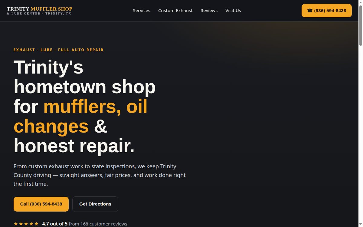 Trinity Muffler Shop demo website, built by Trinity Presence Co.